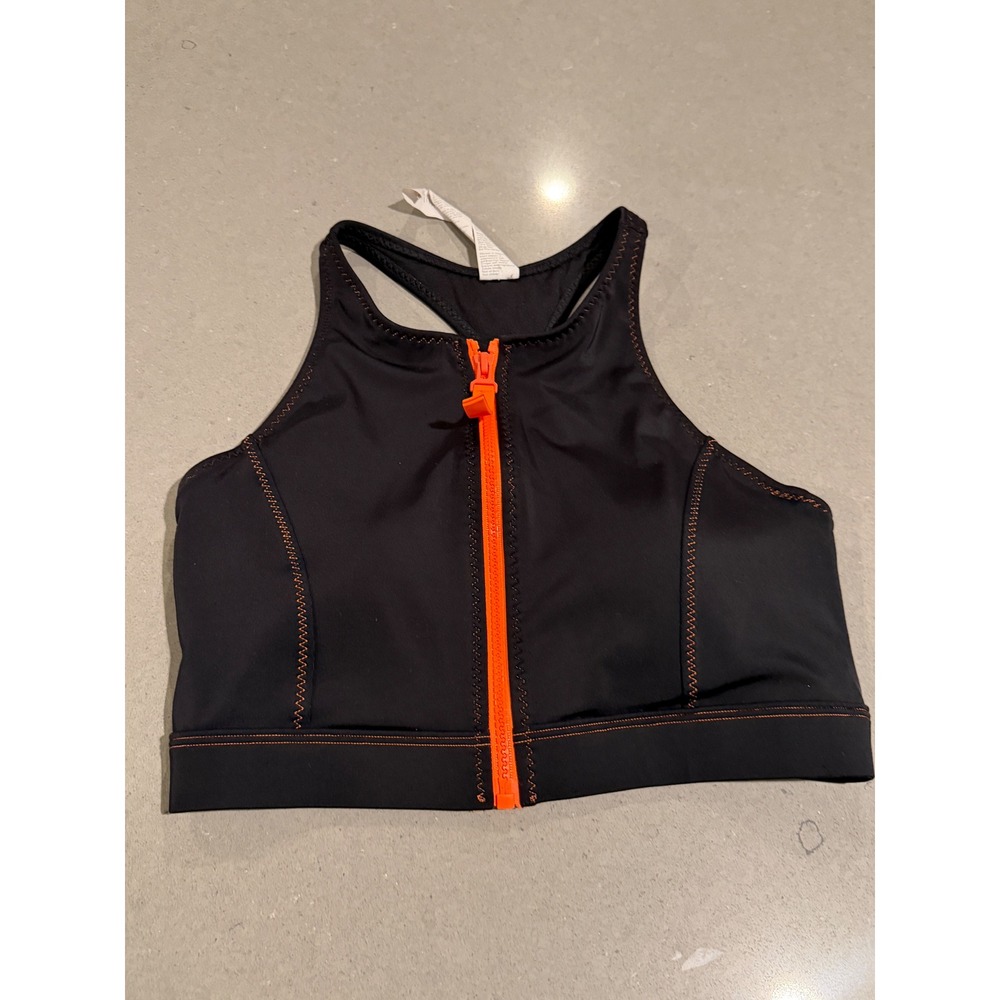 Fabletics Black Orange Zip Front Racerback Sports Bra Top Women's M